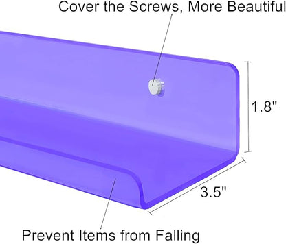 ROYALITA Small Acrylic Shelves Wall Mounted | Set of 2 | 12 Inches | Wall Hanging Plant Display Shelves, Room Decor Floating Wall Shelves for Gaming Room Bedroom, Living Room, Office, Purple