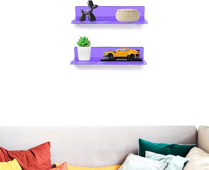 ROYALITA Small Acrylic Shelves Wall Mounted | Set of 2 | 12 Inches | Wall Hanging Plant Display Shelves, Room Decor Floating Wall Shelves for Gaming Room Bedroom, Living Room, Office, Purple