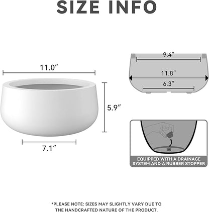 Kante 11.8" Dia Round Concrete Planter, Cement Plant Pots with Drainage Hole and Rubber Plug for Outdoor Indoor Garden Home, Modern Curvaceous Design, Pure White