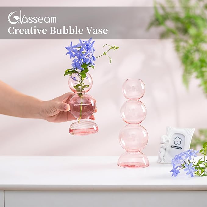 Glasseam Cute Pink Flower Vase, Unique Handmade Glass Vase for Flowers, Aesthetic Small Bud Vase Decor, Modern Ball Round Decorative Propagation Vases for Living Room Dining Table Decorations
