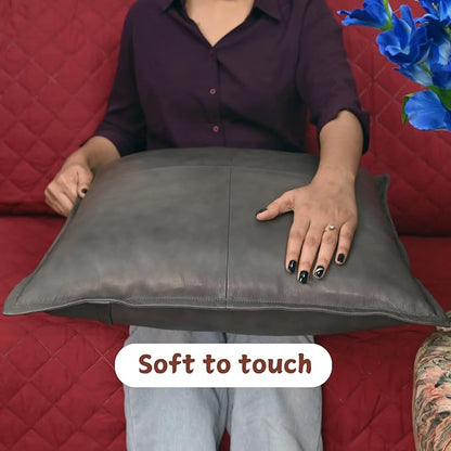 Lambskin Leather Pillow Cover - Sofa Cushion Case - Decorative Throw Covers for Living Room & Bedroom, 20x20 Inches - Grey Antique Box Pack of 2