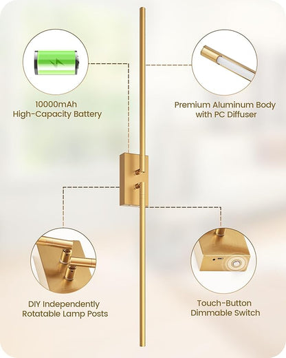 38.6" Wireless Battery Operated Wall Sconces Set of Two,Rechargeable Lamp with Remote, DIY Rotation, 10000mAh Battery, Touch Dimmable Lights for Living Room Hallway Bedroom, Gold D08YBP205