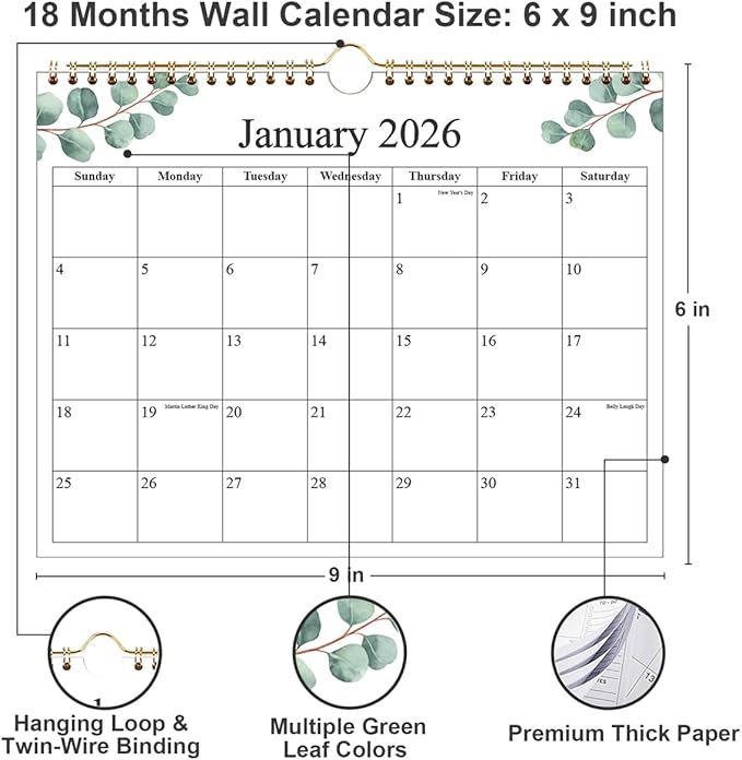 Small Wall Calendar 2026 - Mini Calendar 2026-2027 from January 2026 - June 2027, 18 Months Little Calendar with Premium Paper, 6" x 8", Leaf