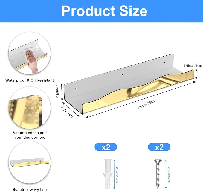 Acrylic Wall Shelf Organizers 15 Inch Floating Shelf for Wall Decor Bookshelf for Kids Modern Mirror Gold Wall Mount Shelf for Living Room, Bedroom, Bathroom (6, Gold Mirror)