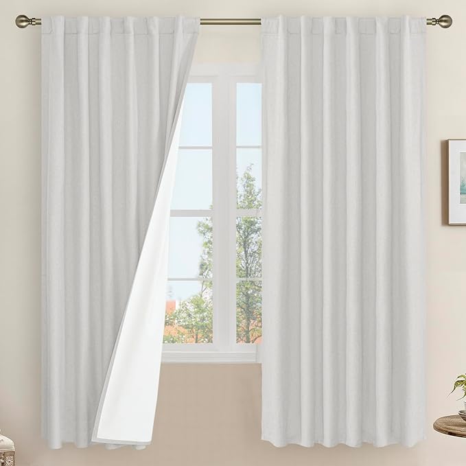 LAMIT 100% Blackout Natural Linen Curtains, 68 Inches Linen Textured Thermal Bedroom Curtains Back Tab and Rod Pocket Neutral Panels with White Liner for Farmhouse, 2 Panels, 52 x 68 Inch, Light Grey