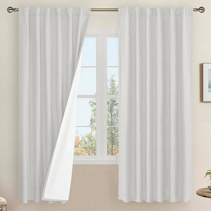 LAMIT 100% Blackout Natural Linen Curtains, 68 Inches Linen Textured Thermal Bedroom Curtains Back Tab and Rod Pocket Neutral Panels with White Liner for Farmhouse, 2 Panels, 52 x 68 Inch, Light Grey