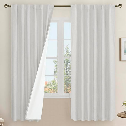 LAMIT 100% Blackout Natural Linen Curtains, 68 Inches Linen Textured Thermal Bedroom Curtains Back Tab and Rod Pocket Neutral Panels with White Liner for Farmhouse, 2 Panels, 52 x 68 Inch, Light Grey