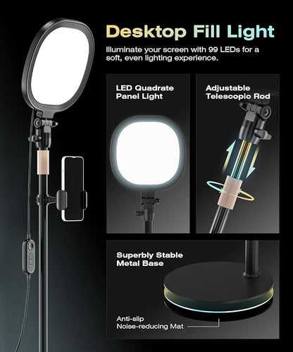 PQRQP 2 Packs Ring Light with Stand, Adjustable Desktop Lamp with Phone Mount, CRI 97+ Studio-Grade Video Conference Light for Video Calls, Home Office, TikTok Live & Vlog Filming (Nocturnal Black)