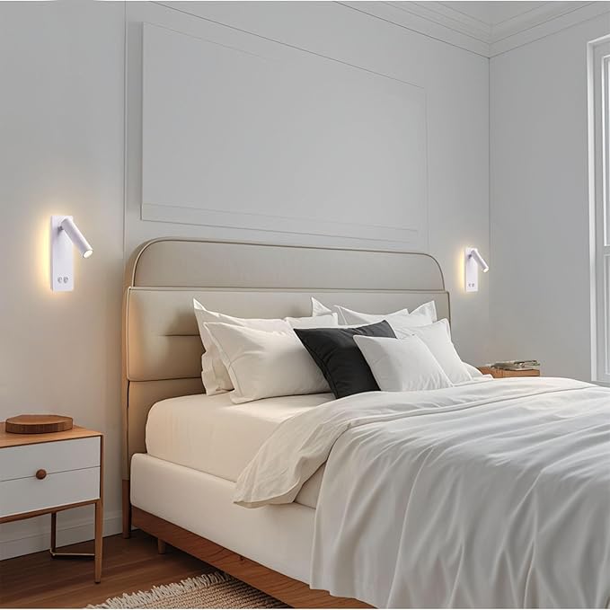 LED Reading Lights Wall Mounted, Plug in Wall Sconces Set of 2, Dimmable Bed Lights for Headboard, Hardwire Wall Lamps for Bedroom, Light for Bedside Hanging for Wall (White)