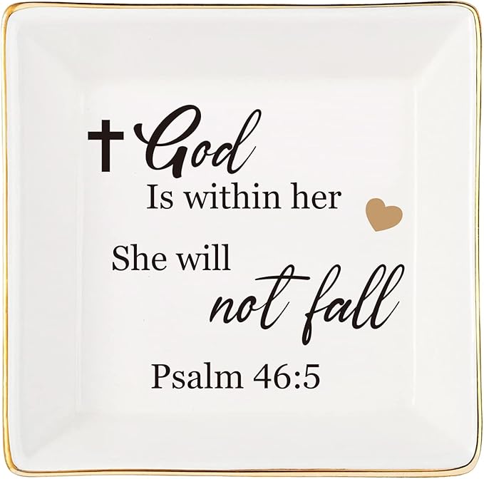 Religious Gifts for Women Christian-Ceramic Ring Dish -God is Within Her She Will Not Fall, Christian Gifts for Mom Sister Aunt