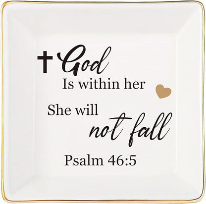 Religious Gifts for Women Christian-Ceramic Ring Dish -God is Within Her She Will Not Fall, Christian Gifts for Mom Sister Aunt