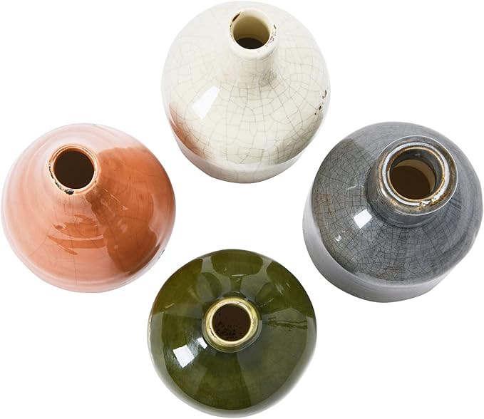 Creative Co-Op Stoneware Bud Vases in Crackle Glaze, Olive/Terracotta Tones, Set of 4