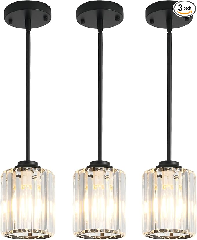 Black Pendant Lights Kitchen Island 3 Pack,Modern Crystal Mini Chandelier Ceiling Hanging Pendant Light Fixtures for Kitchen Hallway Dining Room Bedroom