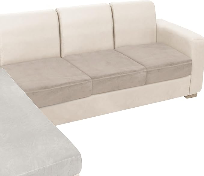 NAISI Couch Cushion Covers 3 Pieces Velvet Stretch Sofa Seat Covers or Backrest Covers Soft Individual Couch Covers for Sectional Sofa(3 Pcs for 3-Seat Cushion,Taupe)
