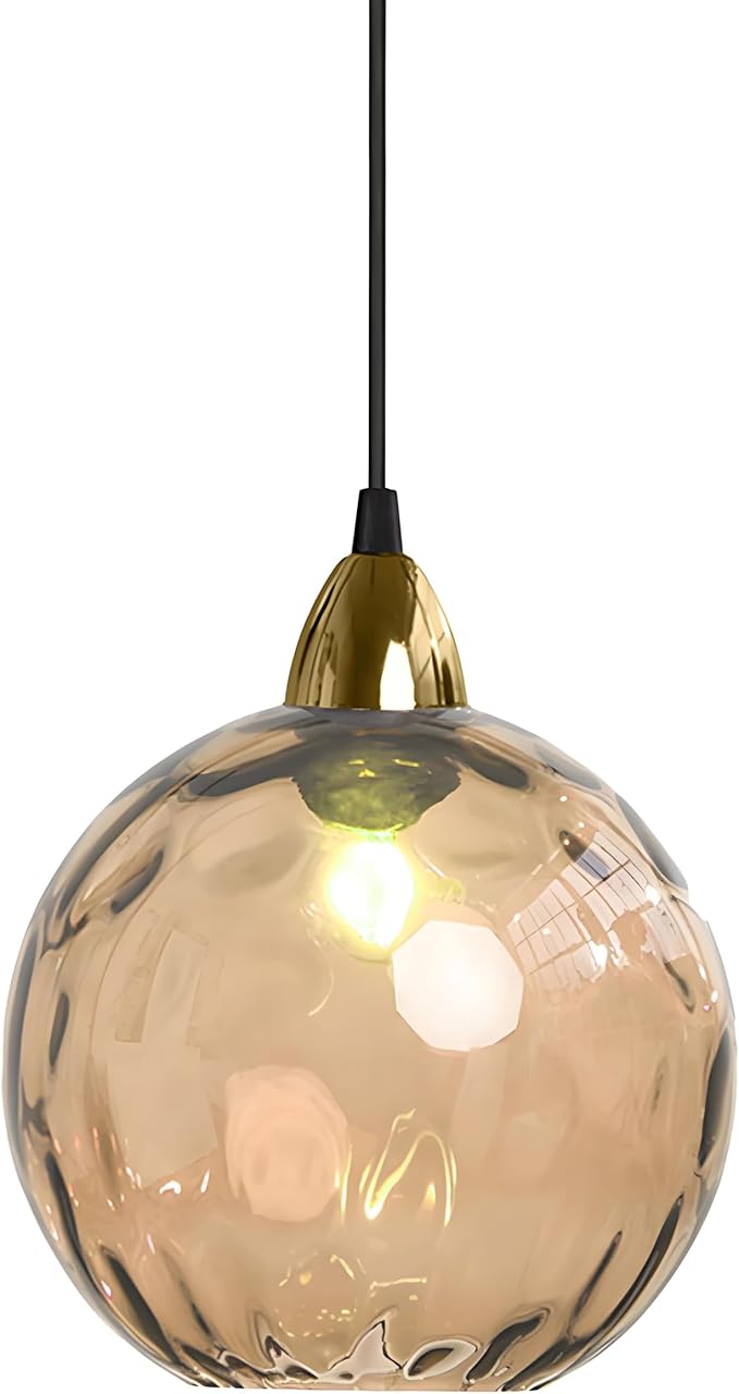 15cm/5.9’’ Industrial Vintage Spherical Glass Pendant Light, E26 Ceiling Hanging Lamp, Gold Finish & Ripple Glass Globe Shade, Dining Room Bedroom Chandelier (Amber)