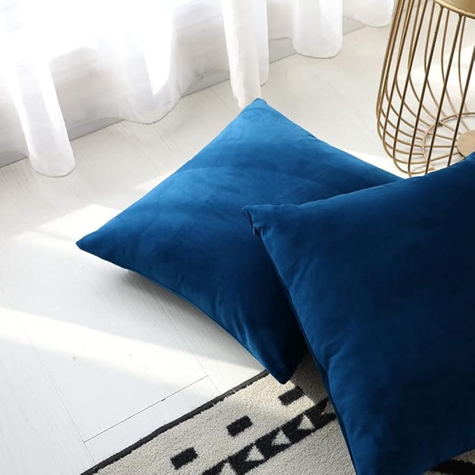 Set of 2 Comfortable Throw Pillow Cover for Bedding, Decorative Accent Cushion Sham Case for Couch Sofa, Soft Solid Velvet with Zipper Hidden - 20"x20", Prussian Blue