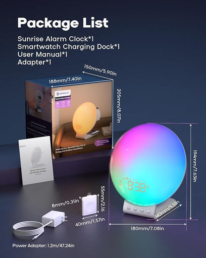 Dekala Sunrise Alarm Clock with 3-in 1 Wireless Charger Clocks, White Noise Sound Machine, Night Lamp with 11 Light, Alarm Clock for Heavy Sleepers Adults, Compatible with iPhone/Apple Watch/Airpods
