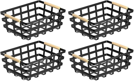 Wire Metal Baskets Metal Wire Food Storage Basket Organizer Farmhouse Baskets Bin Metal Wire Food Storage Basket Organizer with Wood Handles for Pantry Cabinets