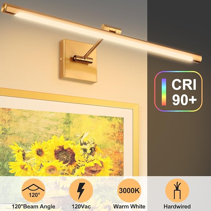 LED Picture Lights for Paintings, 24.4inch 3000K Adjustable Art Light Gallery LED Wall Light Wall Sconces for Art Work, Dimmable Hardwired Connection 14W CRI90+ Brass Golden-Like Finish, ETL
