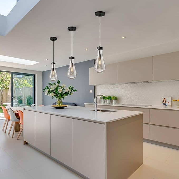 Raindrop Pendant Lights Kitchen Island Set of 3 Teardrop Black Hanging Light Fixtures Clear Solid Glass Pendant Light Modern Chandeliers for Dining Room Porch Corridor Living Room