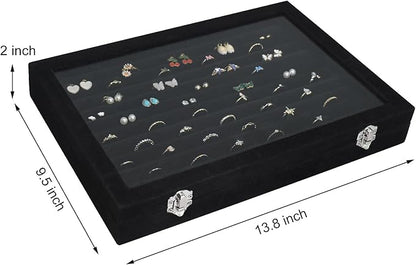 Rings Organizer Tray 10 Slots Velvet Ring Display Tray Insert Jewelry Earring Storage Box with Transparent Glass lid Can Hold 100 Rings Earrings Suitable for Girls and Women (Black)