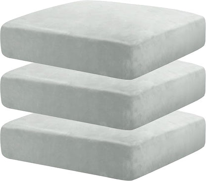 MAXIJIN Velvet Stretch Seat Cushion Covers Couch Cushion Cover for Individual Cushions Sofa Seat Cushion Slipcovers with Elastic Bottom (3 Piece XL Sofa Cushion Covers, Silver Grey)