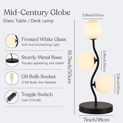 3-Light Curve Black Globe Table Lamp Mid Century Flower Beside Desk Table Light with Milk White Glass Shade Metal Base Nightstand Lamp for Bedroom Bedside