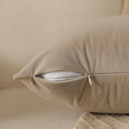 Set of 2 Decorative Velvet Throw Pillow Covers for Couch and Bed - 14"x14", Oatmeal