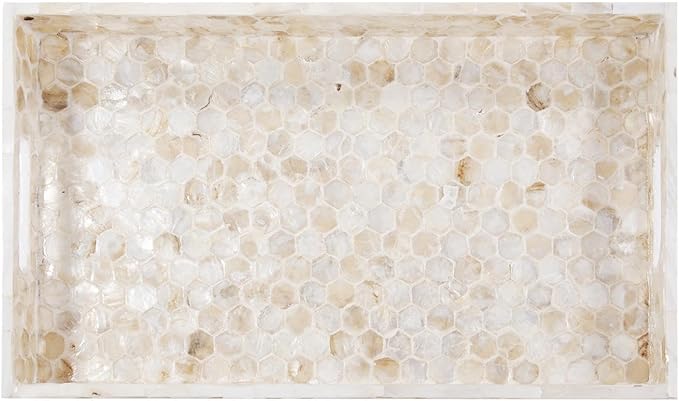 Howard Elliott Capiz Shell Wooden Serving Tray with Handle, Yellow Hexagon Capiz Shells Finish Modern Accent Rectangle Wooden Decorative Tray Platters for Breakfast, Parties, Weddings, 18 x 12 Inch