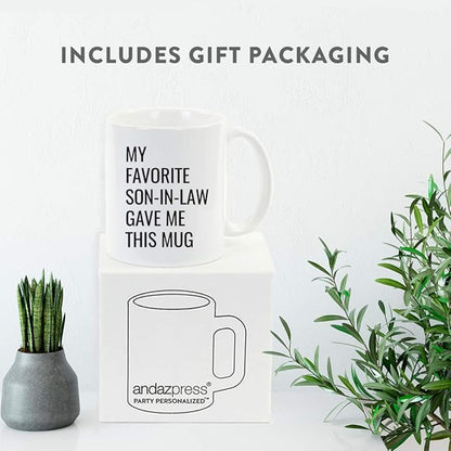 Andaz Press Funny 11oz. Coffee Mug Gift, My Favorite Son-in-Law Gave Me This Mug, 1-Pack, Christmas Birthday Drinking Cup for Him Her Family in Laws Relatives