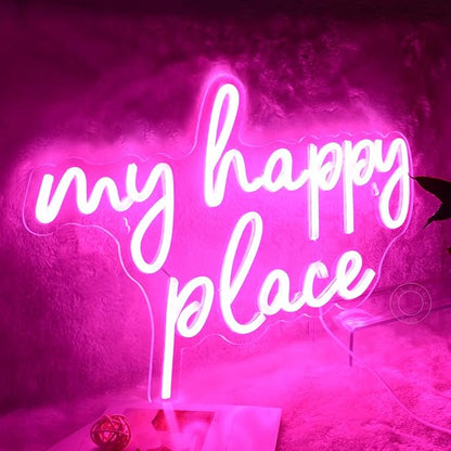 SYLHOME Pink My Happy Place LED Neon Light Sign USB Girls Babys Bedroom Living Room Kitchen Wall Decor Sign Wedding Birthday Party Sign Christmas Gifts 15.8" X 11.2" 5V Teens