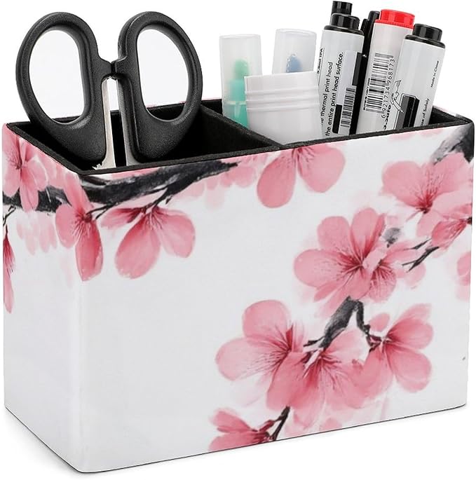 Fashion Desk Pen Holder PU Leather Desk Organize Decor, Makeup Brush Storage Branch Of A Flourishing Tree Cherry Flowers Blossoms Spring Theme Art