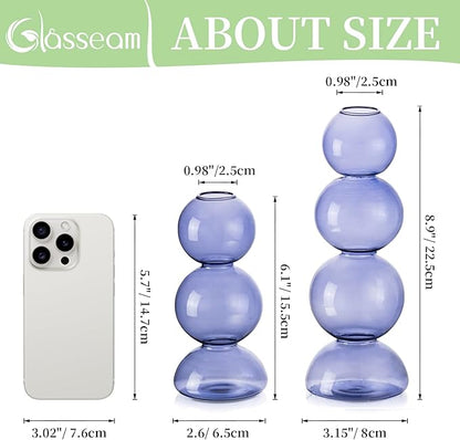 Glasseam Bubble Glass Vase Set of 2, Light Blue, Aesthetic Decorative Vases for Home Decor, Centerpieces, Round Bud Vases for Dining Table Decorations
