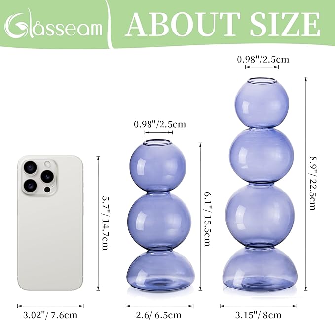 Glasseam Glass Bubble Vase, Cute Light Blue Vases for Flowers, Unique Small Flower Vases for Centerpieces, Ball Aesthetic Decorative Vase, Round Modern Vase for Home Decor Living Room Decorations
