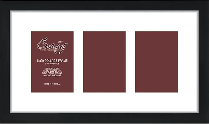 Craig Frames Contemporary, 11x20 Black Picture Frame with White Collage Mat, 3 Openings for 5x7 Prints