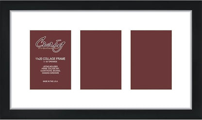 Craig Frames Contemporary, 11x20 Black Picture Frame with White Collage Mat, 3 Openings for 5x7 Prints