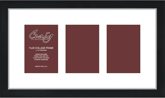Craig Frames Contemporary, 11x20 Black Picture Frame with White Collage Mat, 3 Openings for 5x7 Prints