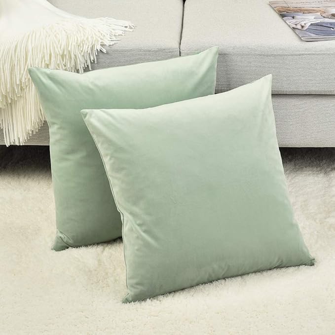 Set of 2 Comfortable Throw Pillow Covers for Bedding, Decorative Accent Cushion Sham Cases for Couch Sofa, Soft Solid Velvet with Zipper Hidden - 18"x18", Turquoise Green