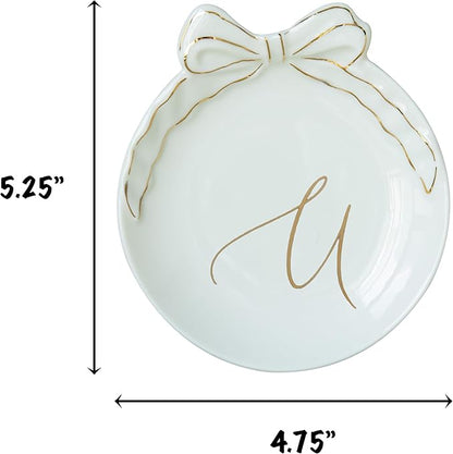 COLLECTIVE HOME - Personalized Initial Ceramic Jewelry Tray with Bow, Christmas Gift Ideas for Women, Small Gift for Girlfriend Wife, Ring Holder, Earrings Dish, Birthday Gift for Her (U)