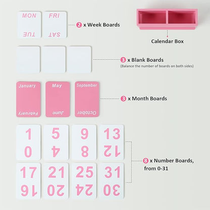 Wooden Block Perpetual Calendar for Desk, Daily Desktop Standing Flip Calendar with Large Display, Modern Farmhouse Aesthetic Desk Accessories for Home Office Decor, Reusable Yearly, Pink