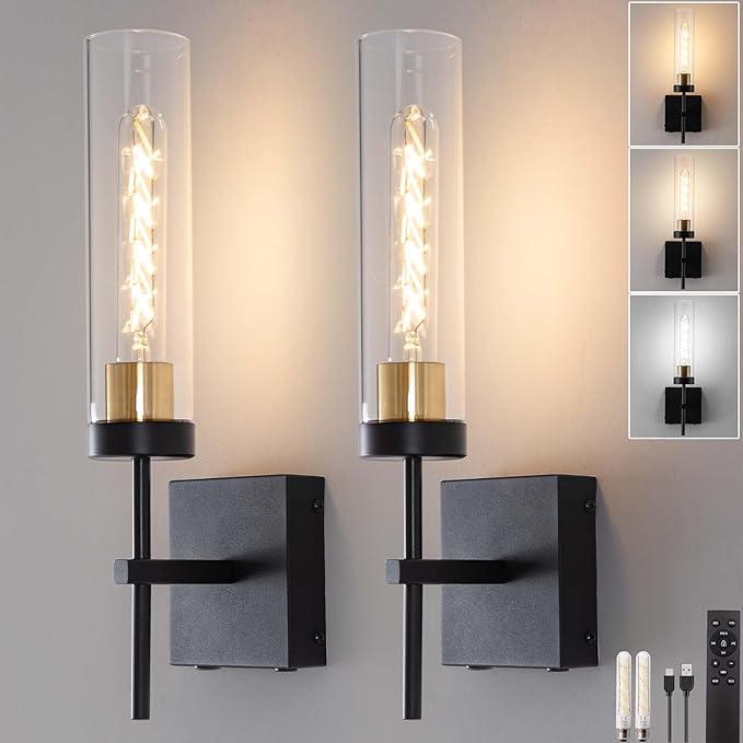 Wall Sconces,Battery Operated Wall Sconce 8000mAh Black Fast Chargin Endurance 100 Hours Infinitely Dimmable 2 Color Bulbs 3000K/6000K with Remote Control Wireless Wall Lights for Bedroom Living