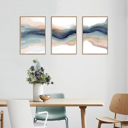 HLNIUC Blue Abstract Wall Art, Watercolor Line 16"x24" Framed Art Set of 3, Modern Wave Canvas Wall Decor, Natural Landscape Paint Stroke Prints for Living Room, Bedroom, Office