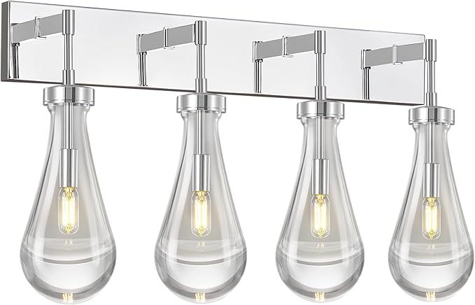 Raindrop Wall Sconces Chrome Crystal Sconces Wall Decor Modern Lighting Glass Bathroom Sconces Indoor Vanity Light Wall Lamp for Bedroom Living Room Stair(4-Light)