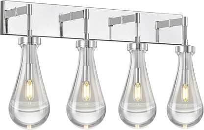 Raindrop Wall Sconces Chrome Crystal Sconces Wall Decor Modern Lighting Glass Bathroom Sconces Indoor Vanity Light Wall Lamp for Bedroom Living Room Stair(4-Light)
