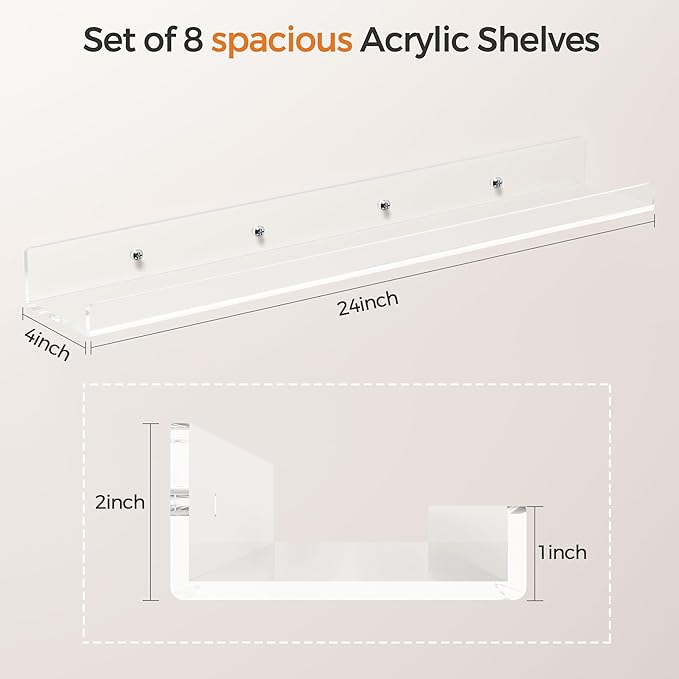 HBlife 24 Inches Floating Shelves Wall Mounted Clear Acrylic Shelves for Figures, Invisible Floating Bookshelf for Kids and Nursery, 8 Pack (5MM Thick)