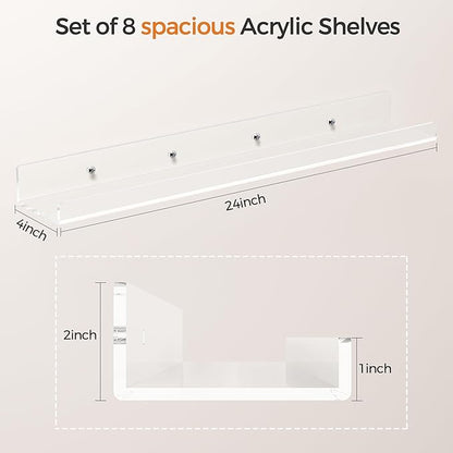 HBlife 24 Inches Floating Shelves Wall Mounted Clear Acrylic Shelves for Figures, Invisible Floating Bookshelf for Kids and Nursery, 8 Pack (5MM Thick)