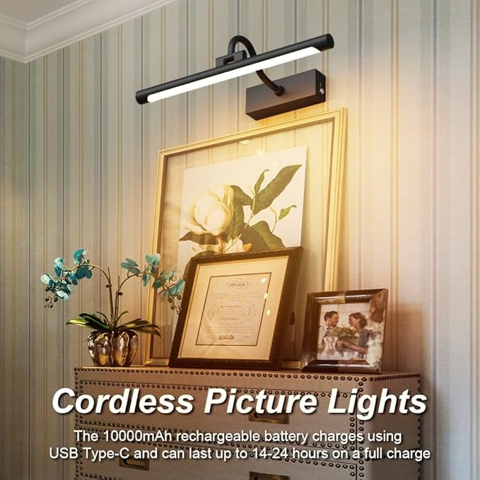 Aipsun 15.7" Black Picture Lights for Wall Rechargeable,10000mAh Battery Operated Art Light for Paintings,3CCT Dimmable, Rotatable Gallery Light for Pictures Display