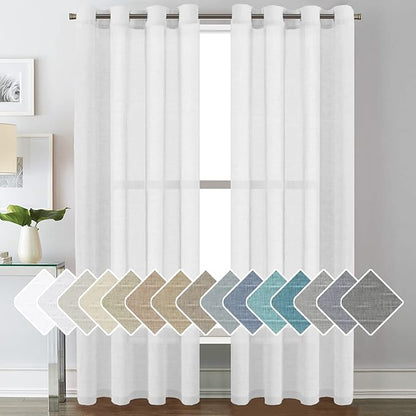 H.VERSAILTEX White Linen Sheer Curtains for Living Room Farmhouse Flax Linen Blended Curtain Panels Light Filtering Privacy Curtains 84 inch Length 2 Panels Grommet Drapes, 52" W x 84" L, Pure White