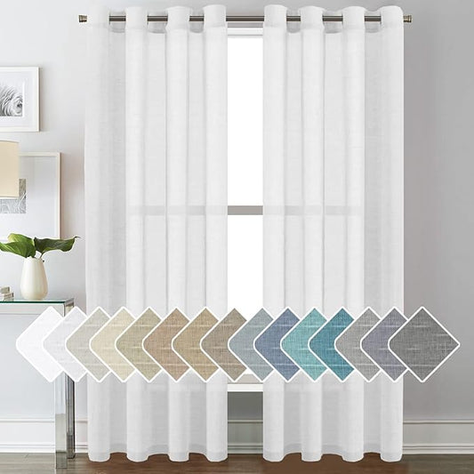 H.VERSAILTEX White Linen Sheer Curtains for Living Room Farmhouse Flax Linen Blended Curtain Panels Light Filtering Privacy Curtains 84 inch Length 2 Panels Grommet Drapes, 52" W x 84" L, Pure White