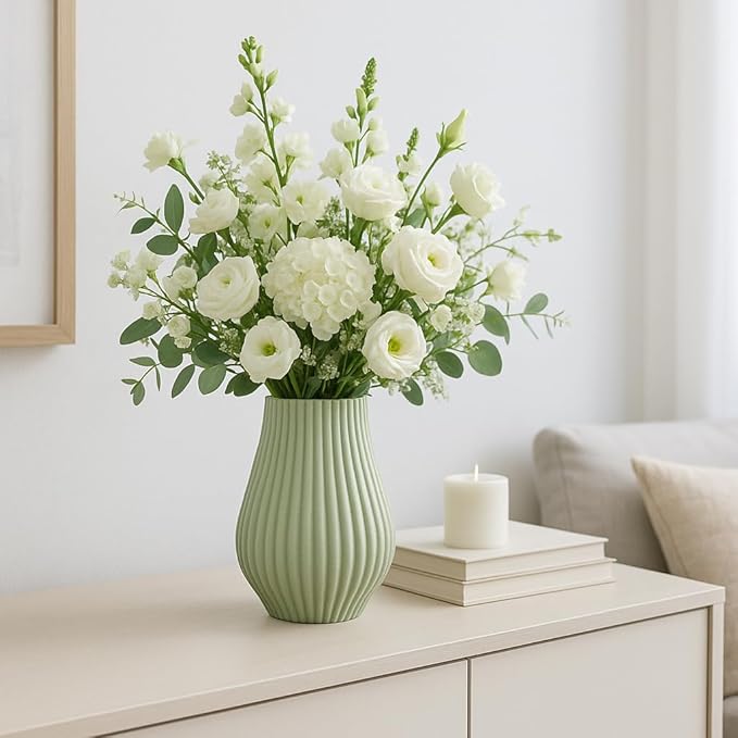 Flower Vase for Living Room Decor Display – 3D Printed Design, Ceramic Vase for Bedroom, House, Room, or Office Decor Accent – Ribbed Decorative Vase for Home and Table Accent– 9” Green